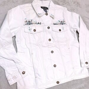 Denim & Co White Embellished Denim Jacket‎ Retro Beaded Floral Western Medium